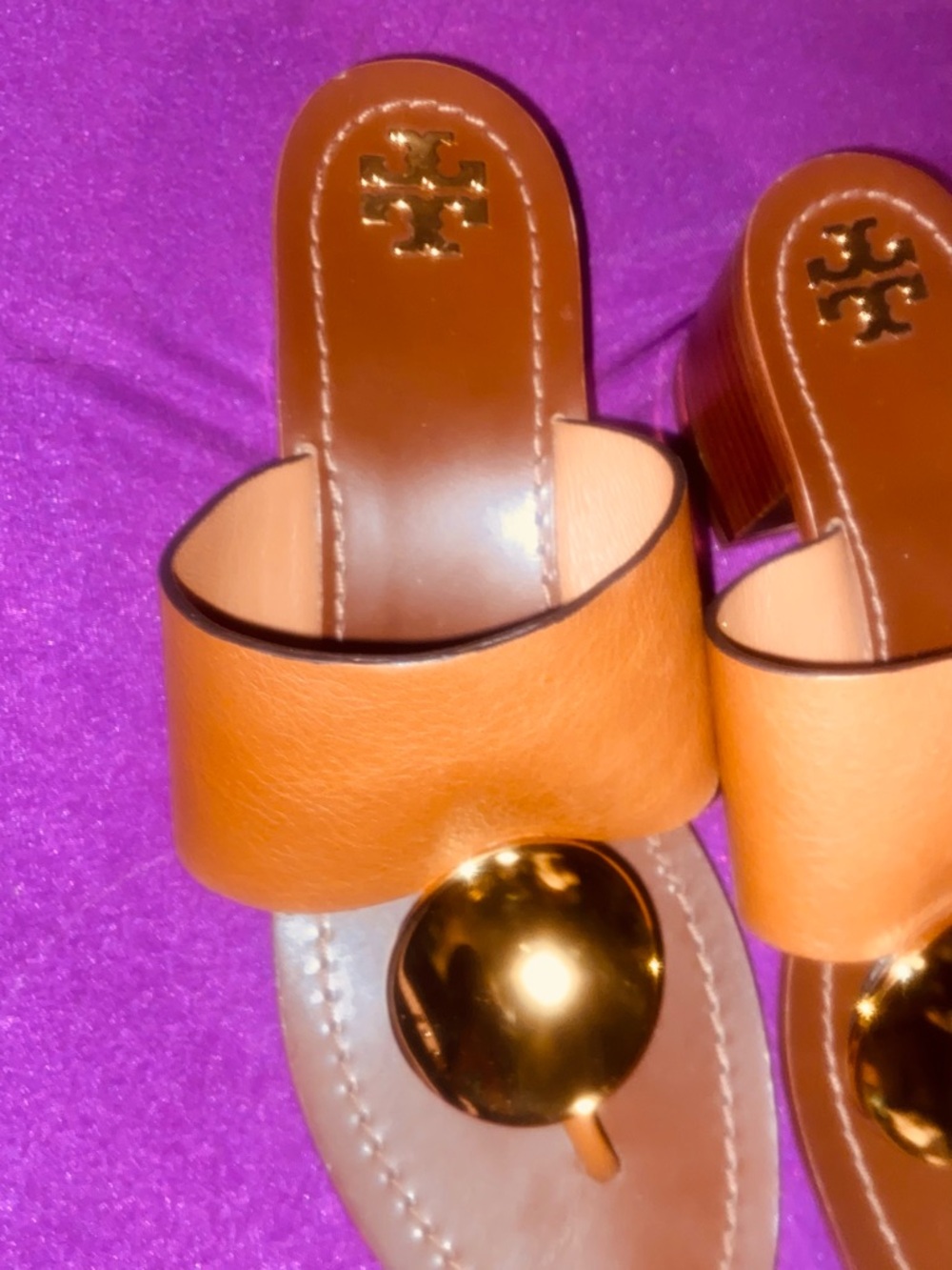 Tory Burch Cognac Leather Slide Sandals with Gold Disc